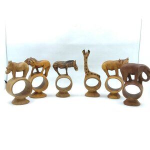 Vtg set 6 MCM  Hand Carved Wood African Safari animals napkin Rings